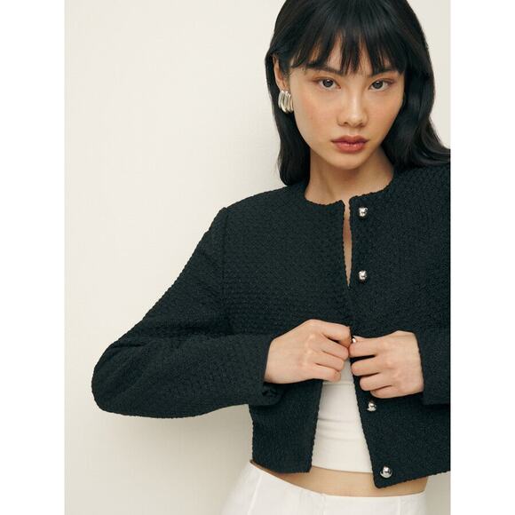 Reformation Trista Jacket - S Black Button Front Cropped Tweed - Picture 3 of 6